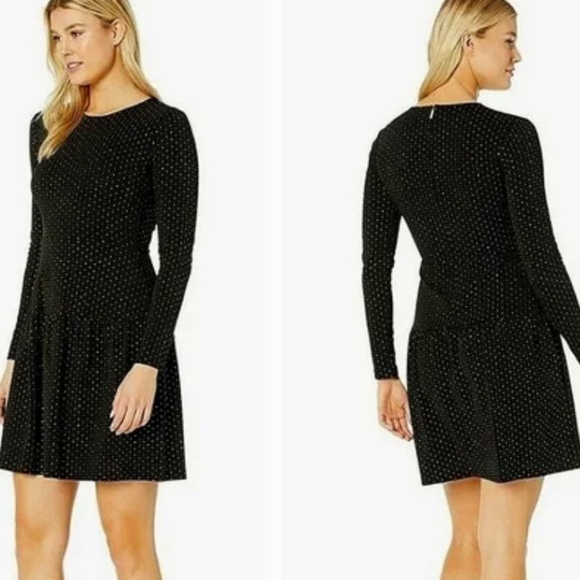 Michael Kors Black Gold Glitter Dot Long Sleeve Stretch Flounce Dress Size 1X - Picture 2 of 9